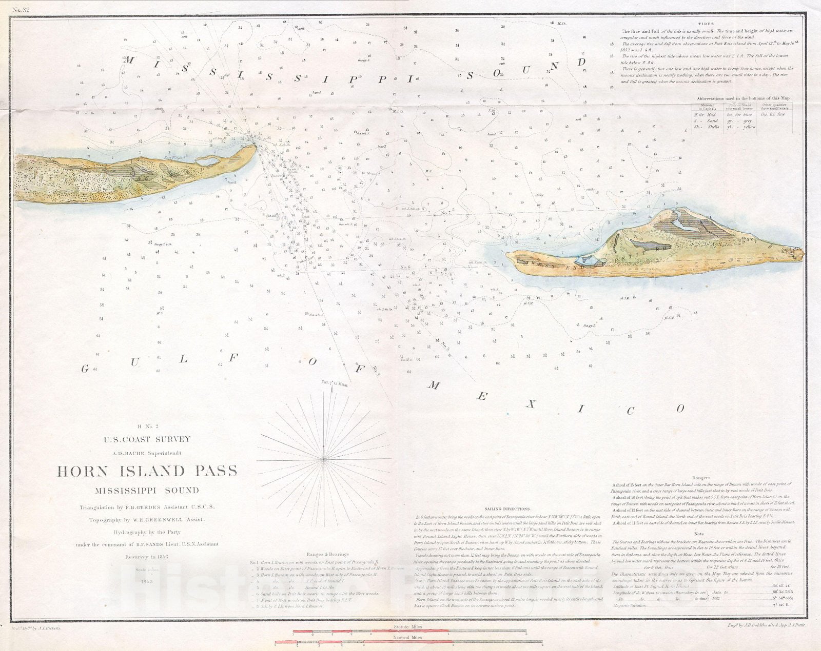 Historic Map : U.S.C.S. Map of Horn Island Pass (Mississippi ^ Louisiana), 1853, Vintage Wall Art