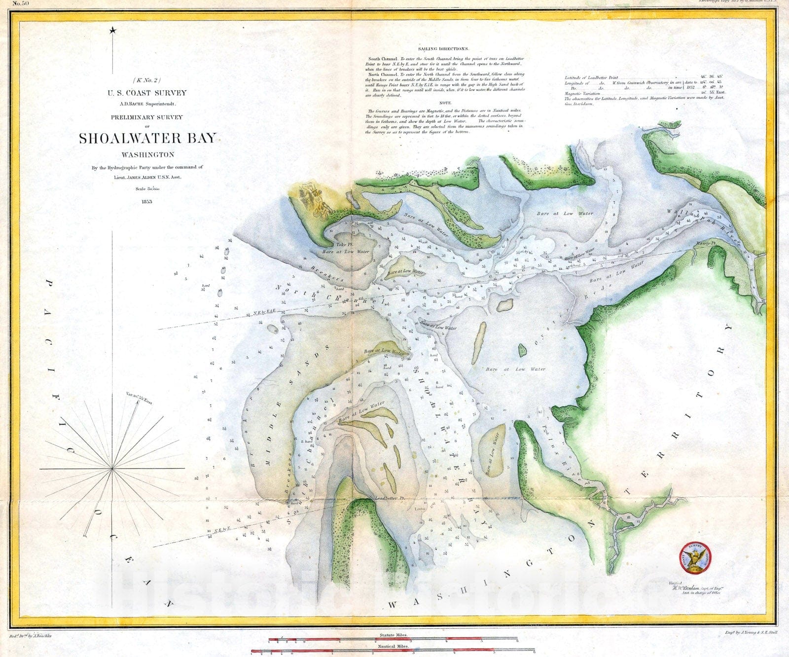 Historic Map : U.S.C.S. Map of Shoalwater Bay, Washington , 1853, Vintage Wall Art