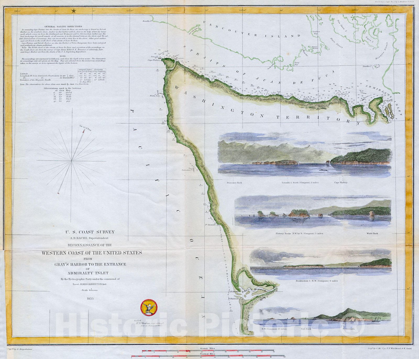 Historic Map : U.S.C.S. Map or Chart of Northwestern Washington State (Vancouver Island) , 1853, Vintage Wall Art