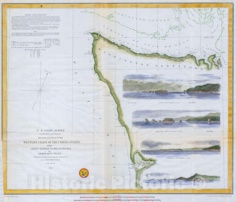 Historic Map : U.S.C.S. Map or Chart of Northwestern Washington State (Vancouver Island) , 1853, Vintage Wall Art