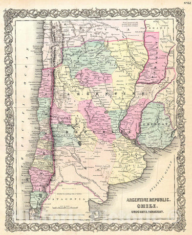 Historic Map : Colton Map of Argentina, Chile, Paraguay and Uruguay, 1855, Vintage Wall Art