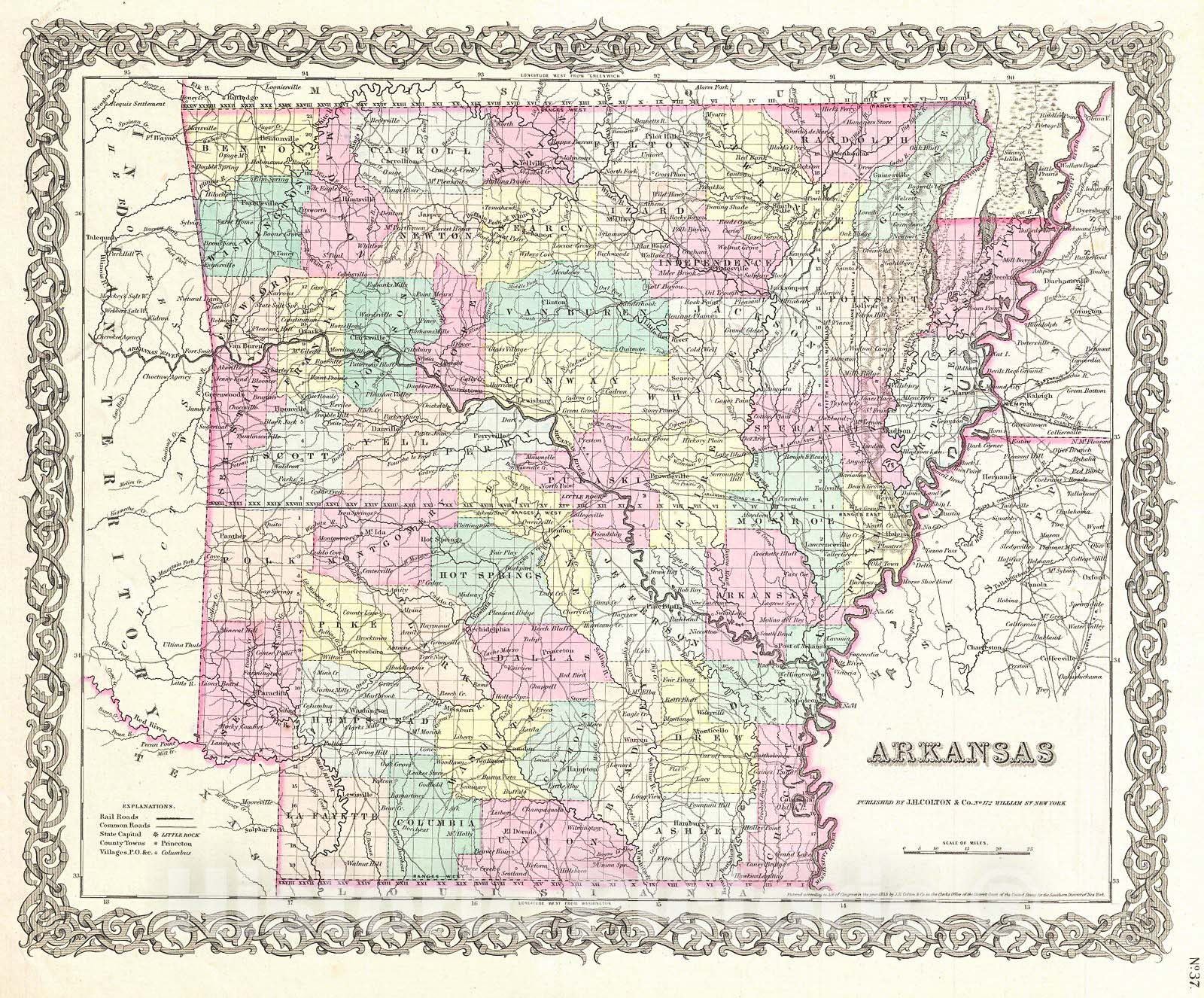 Historic Map : Colton Map of Arkansas , Version 2, 1855, Vintage Wall Art