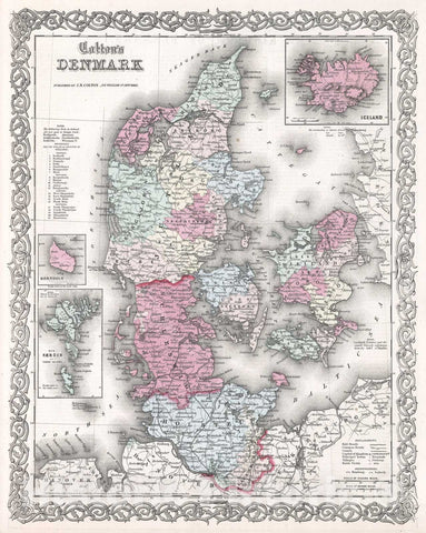 Historic Map : Colton Map of Denmark, 1855, Vintage Wall Art