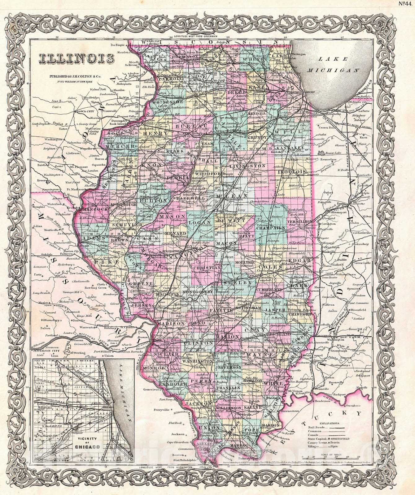 Historic Map : Colton Map of Illinois , 1855, Vintage Wall Art ...