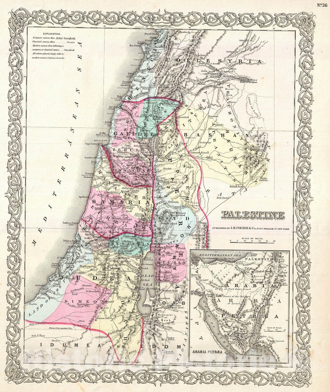 Historic Map : Colton Map of Israel, Palestine or The Holy Land , 1855, Vintage Wall Art