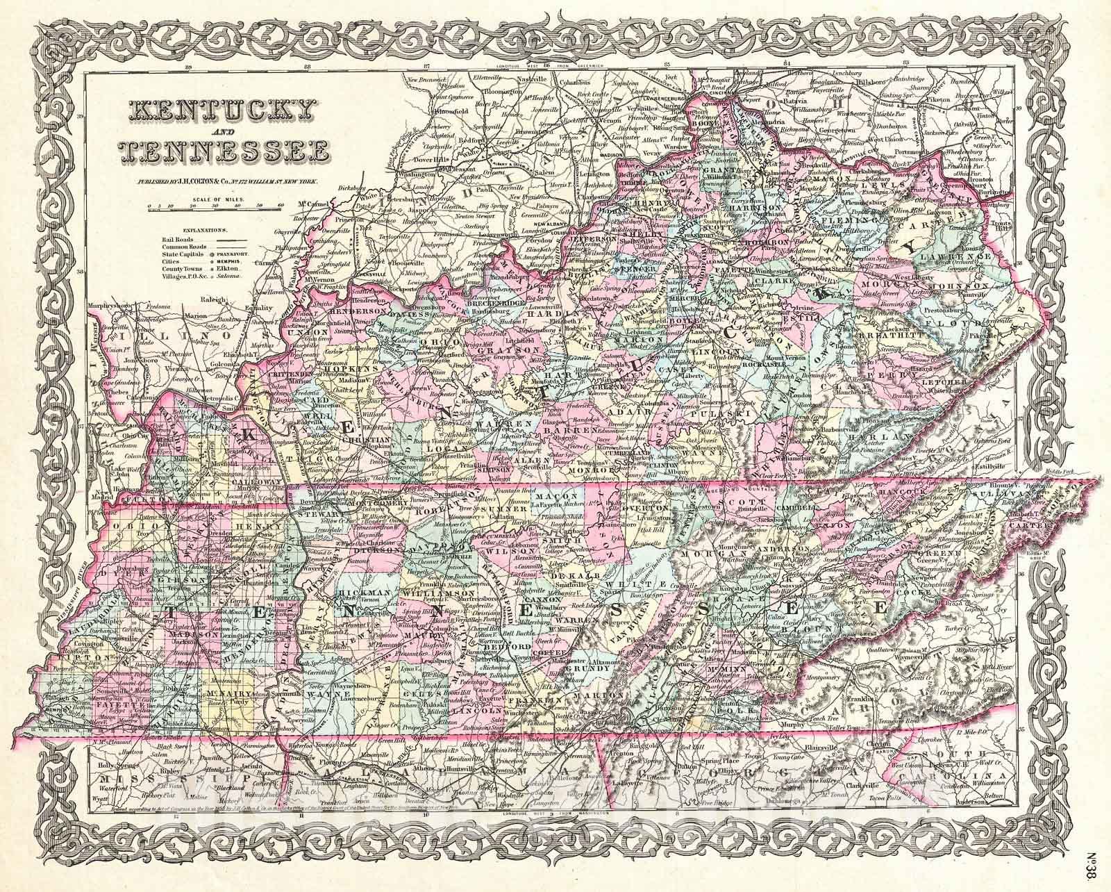 Historic Map : Colton Map of Kentucky and Tennessee , 1855, Vintage Wall Art
