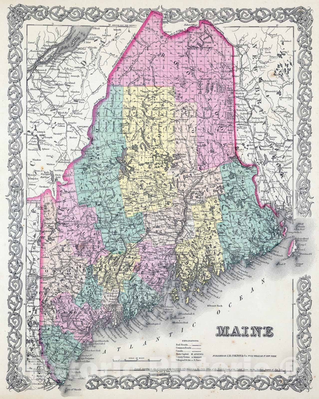 Historic Map : Colton Map of Maine, 1855, Vintage Wall Art