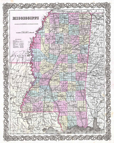 Historic Map : Colton Map of Mississippi, 1855, Vintage Wall Art
