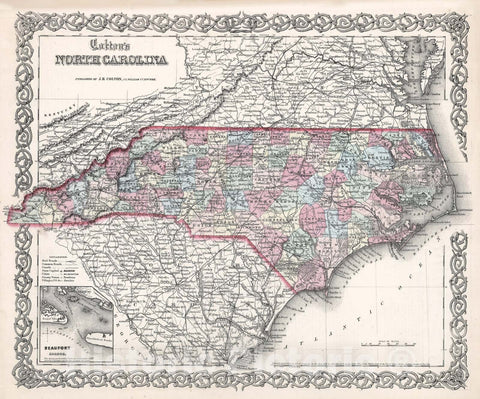 Historic Map : Colton Map of North Carolina, 1855, Vintage Wall Art