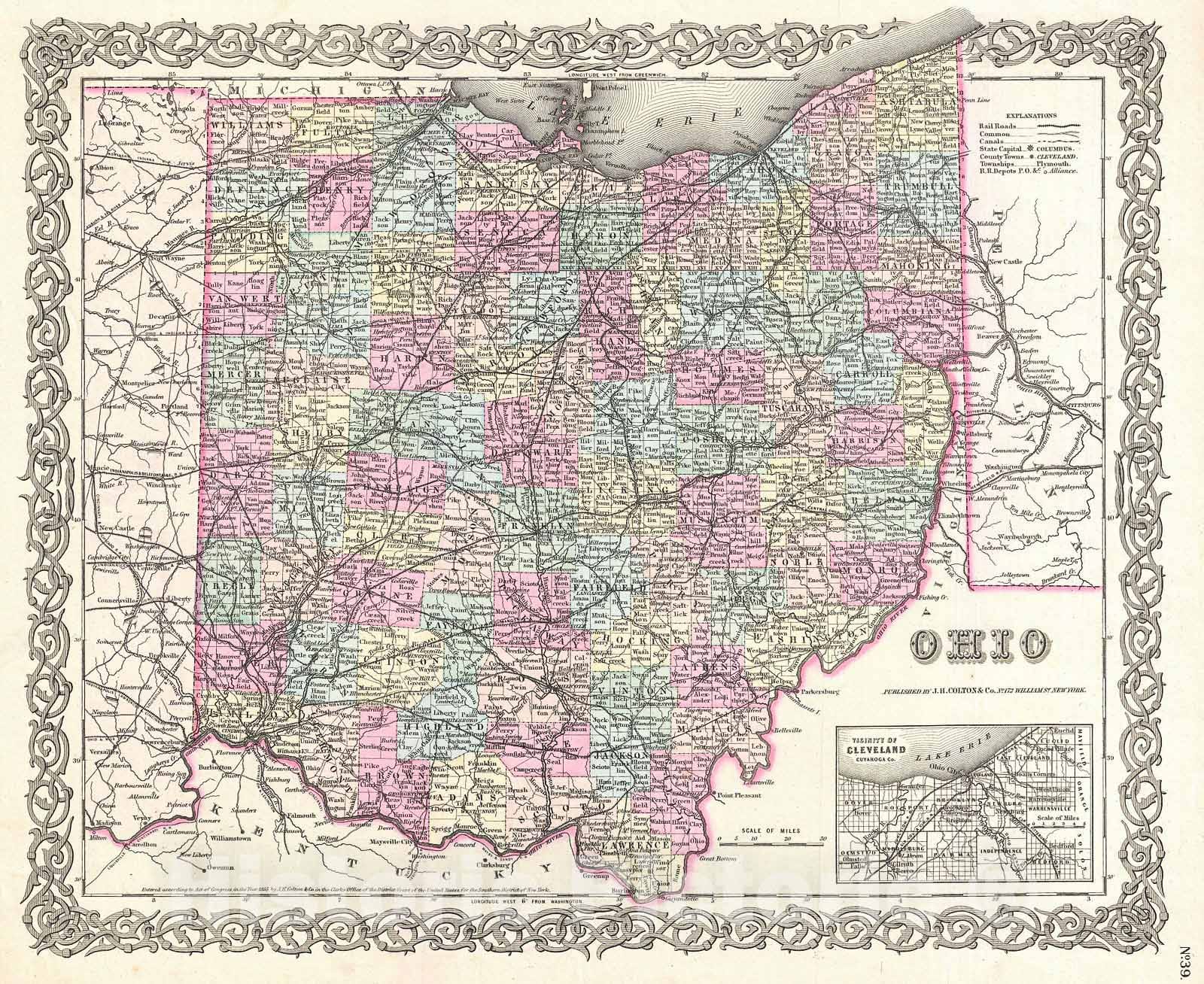 Historic Map : Colton Map of Ohio , 1855, Vintage Wall Art