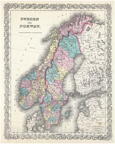 Historic Map : Colton Map of Scandinavia, Norway, Sweden, Finland, 1855, Vintage Wall Art