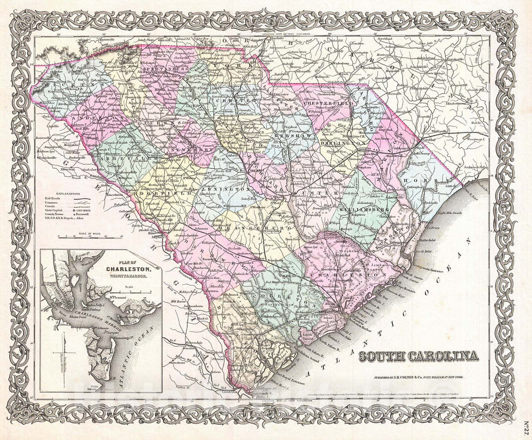 Historic Map : Colton Map of South Carolina , 1855, Vintage Wall Art