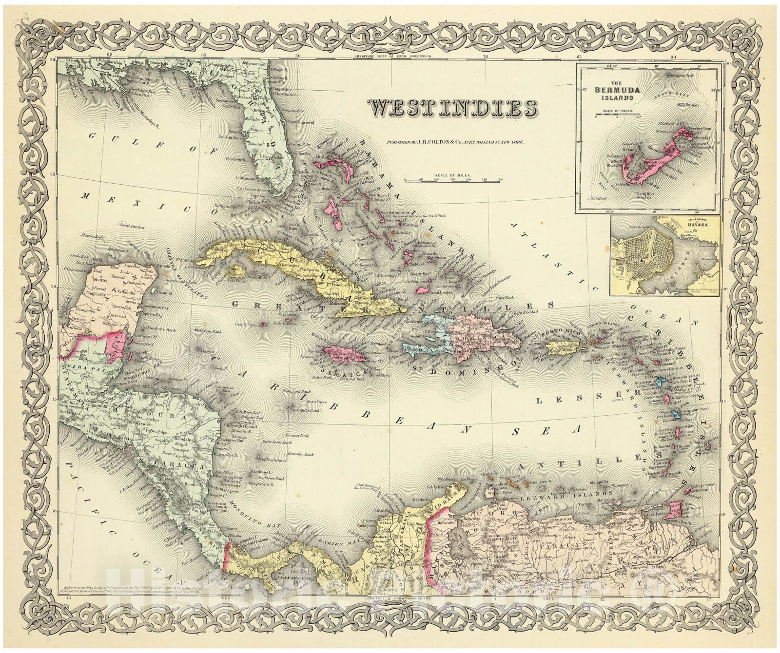 Historic Map : Colton Map of The West Indies, 1855, Vintage Wall Art