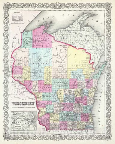 Historic Map : Colton Map of Wisconsin, 1855, Vintage Wall Art