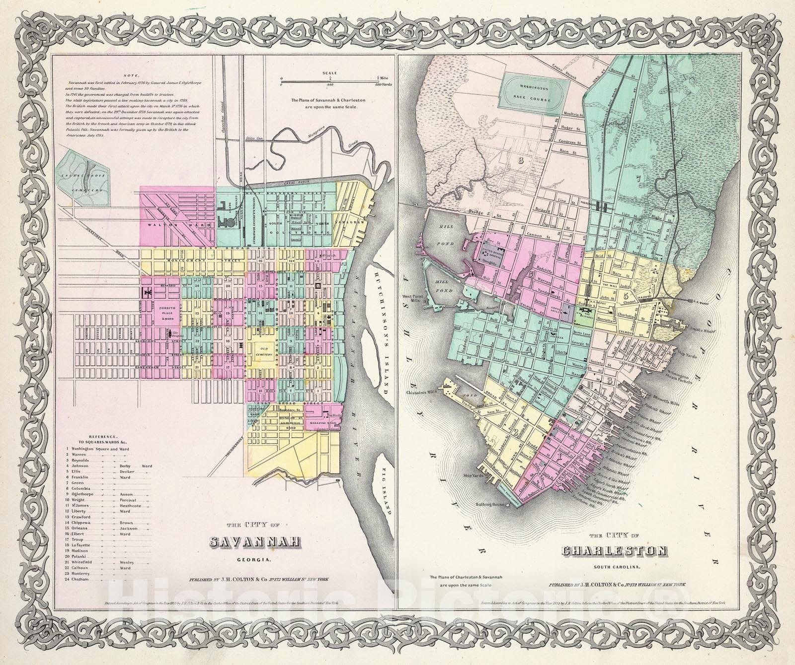 Historic Map : Colton Plan or Map of Charleston, South Carolina and Savannah, Georgia, 1855, Vintage Wall Art