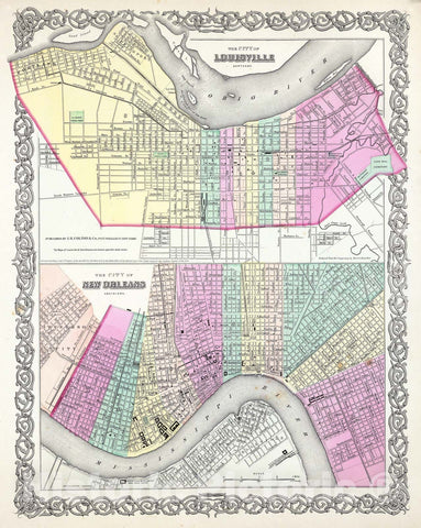 Historic Map : Colton Plan or Map of New Orleans, Louisiana and Louisville, Kentucky, 1855, Vintage Wall Art