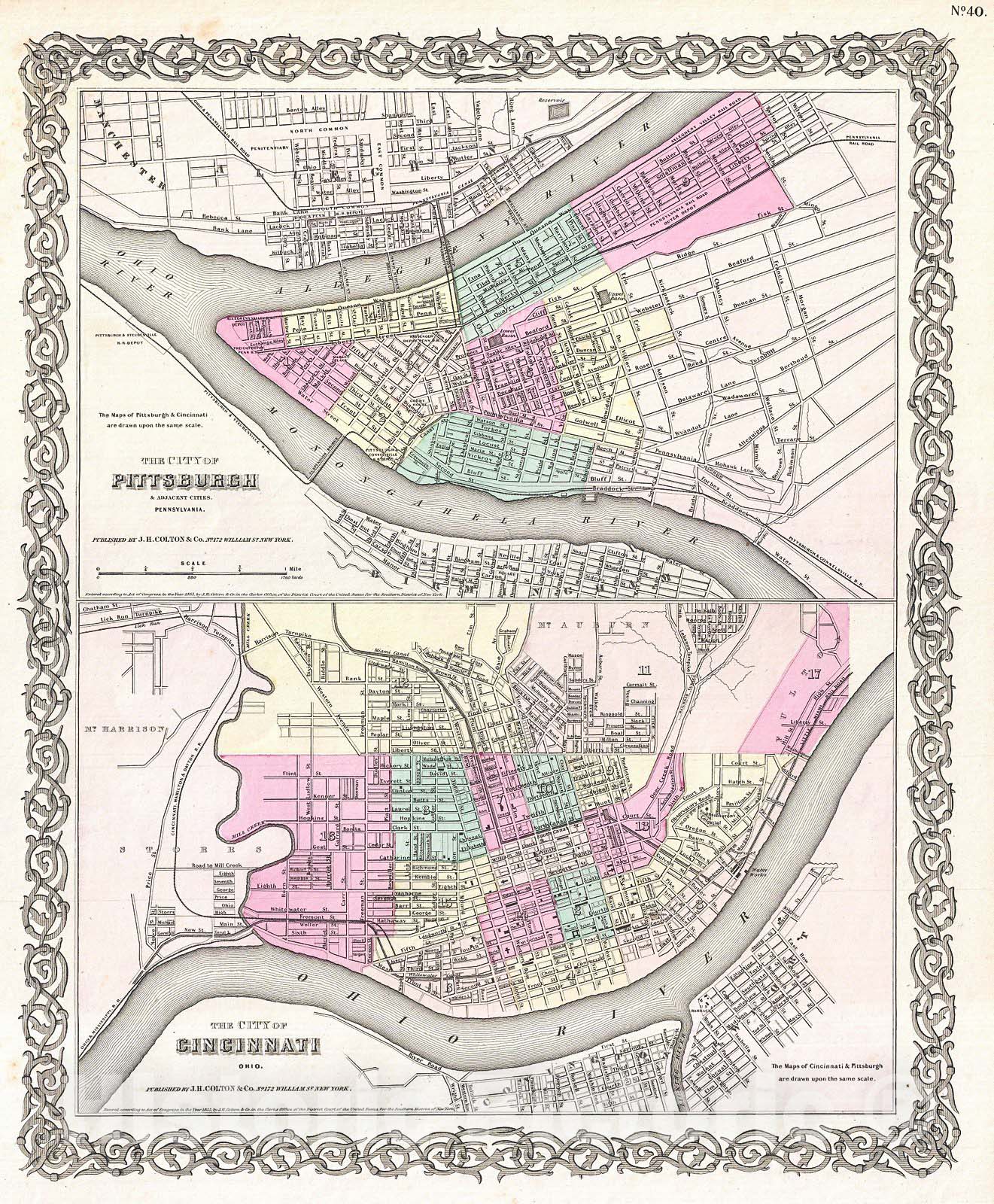 Historic Map : Colton Plan or Map of Pittsburgh, Pennsylvania and Cincinnati, Ohio, 1855, Vintage Wall Art