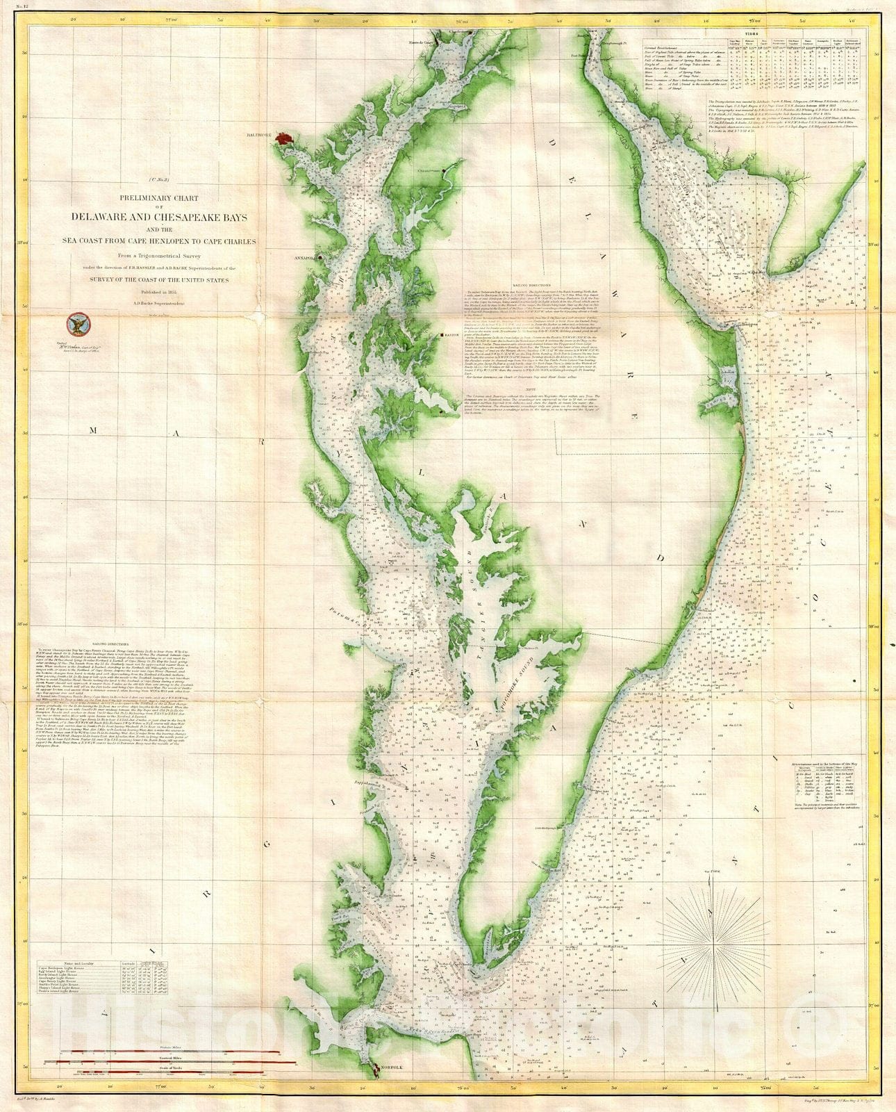 Historic Map : U.S. Coast Survey Chart or Map of Chesapeake Bay and Delaware Bay, Version 2, 1855, Vintage Wall Art