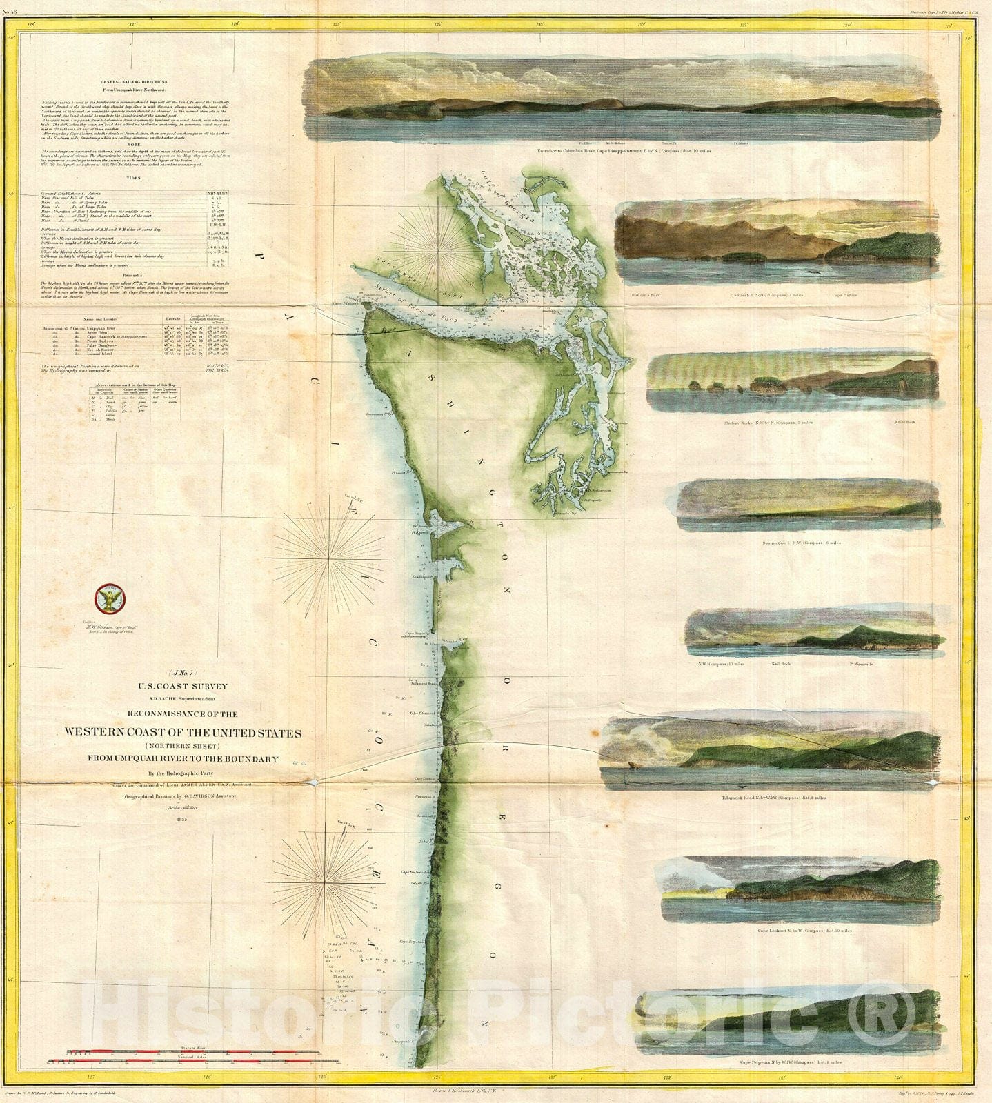 Historic Map : U.S. Coast Survey Chart or Map of Washington anArtegon , 1855, Vintage Wall Art