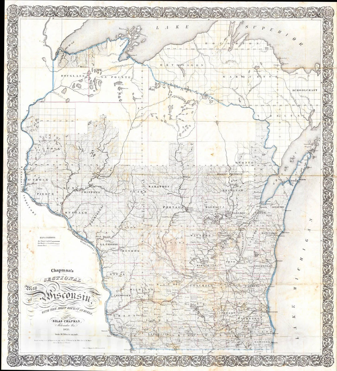 Historic Map : Chapman Pocket Map of Wisconsin , 1856, Vintage Wall Art
