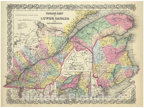 Historic Map : Colton Map of Quebec and New Brunswick, Canada, 1857, Vintage Wall Art