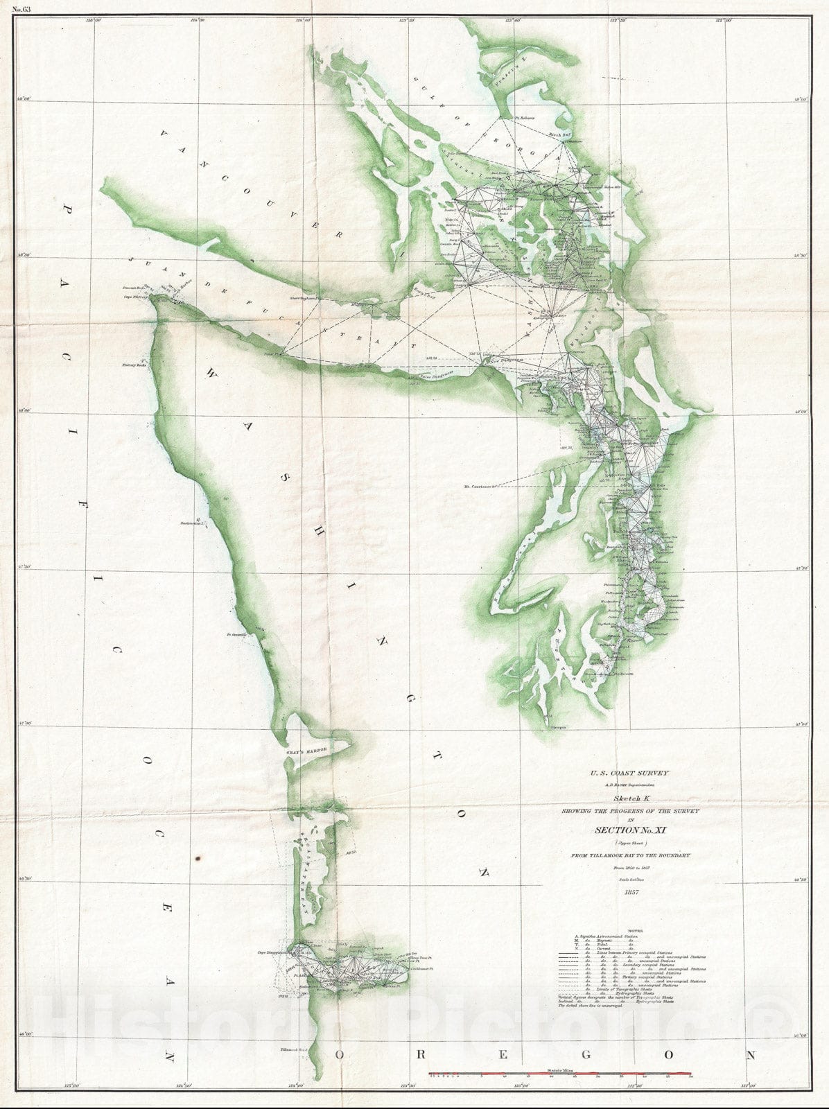 Historic Map : U.S. Coast Survey Chart or Map of The Washington Coast, Puget Sound, Vancouver, 1857, Vintage Wall Art
