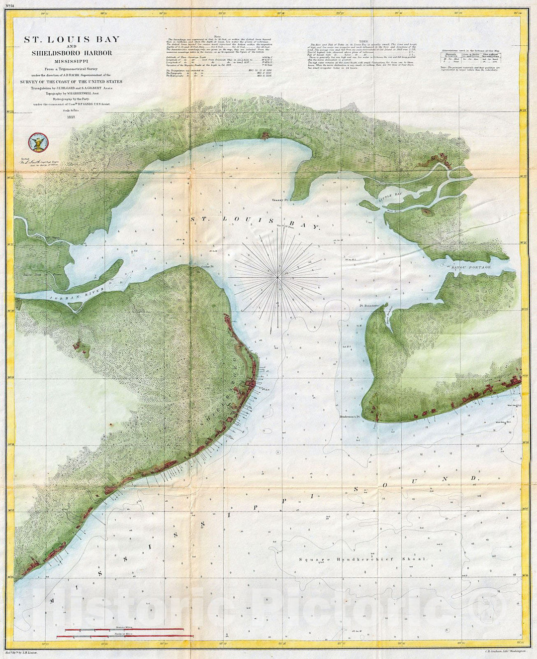 Historic Map : U.S. Coast Survey Map of St. Louis Bay and Shieldsboro Harbor, Mississippi, 1857, Vintage Wall Art