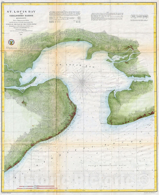 Historic Map : U.S. Coast Survey Map of St. Louis Bay and Shieldsboro Harbor, Mississippi, 1857, Vintage Wall Art