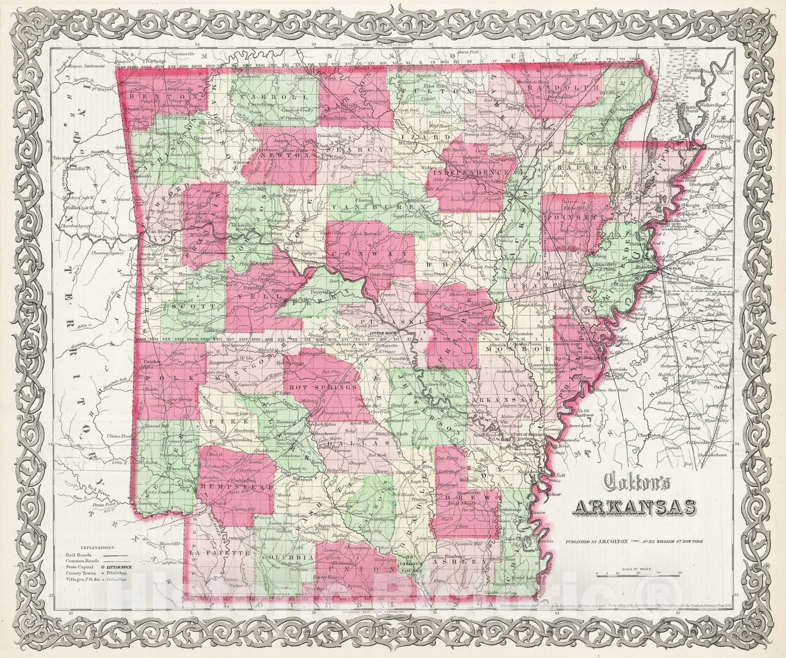 Historic Map : Colton Map of Arkansas , 1859, Vintage Wall Art