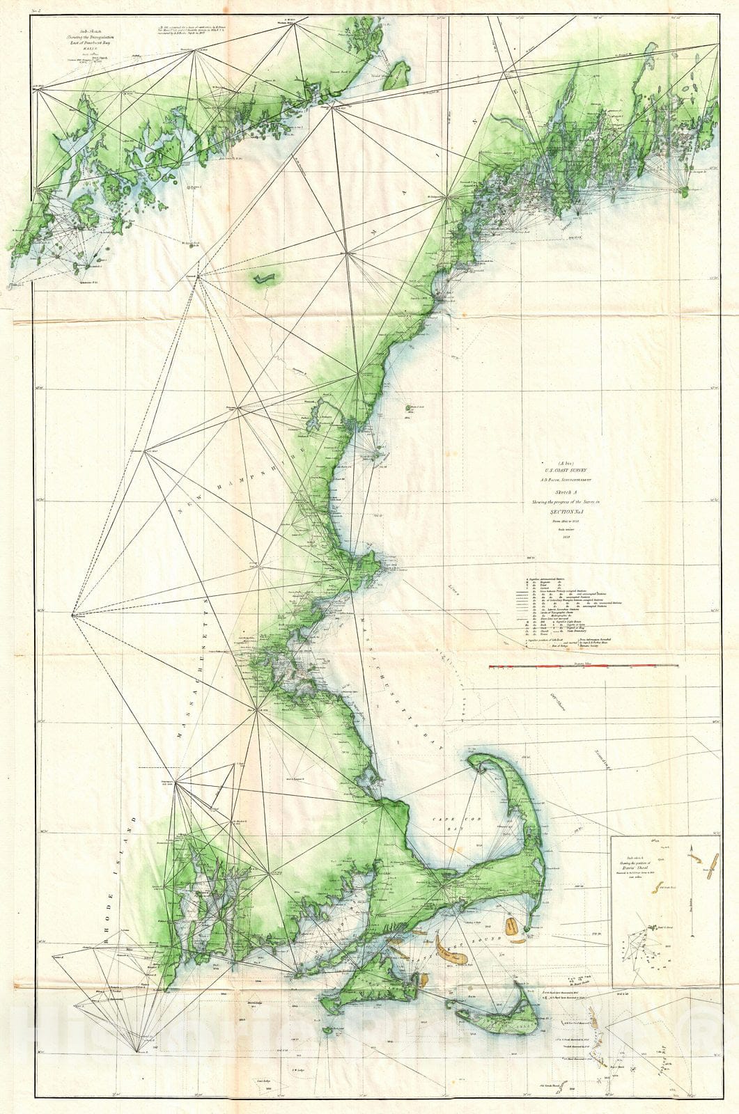 Historic Map : U.S. Coast Survey Map of The New England Coa, 1859, Vintage Wall Art