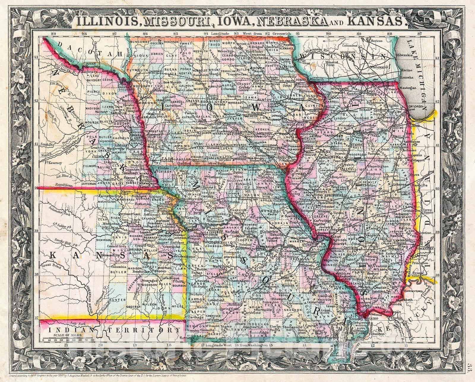 Historic Map : Mitchell Map of Iowa, Missouri, Illinois, Nebraska and Kansas , 1860, Vintage Wall Art