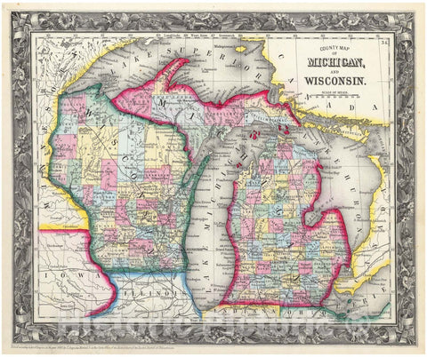 Historic Map : Mitchell Map of Michigan and Wisconsin (First Edition) , 1860, Vintage Wall Art