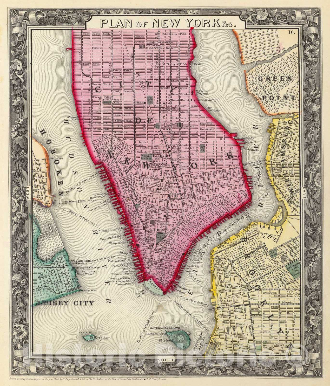 Historic Map : Mitchell Map of New York City, New York (First Edition) , 1860, Vintage Wall Art
