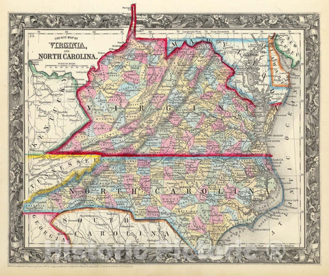 Historic Map : Mitchell Map of Virginia (undivided) and North Carolina , 1860, Vintage Wall Art