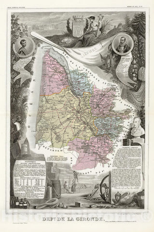 Historic Map : Levasseur Map of The Department de la Gironde (Bordeaux Wine Region), 1861, Vintage Wall Art