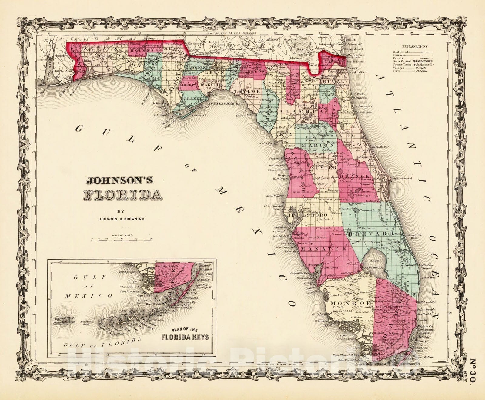 Historic Map : Johnson Map of Florida, 1862, Vintage Wall Art