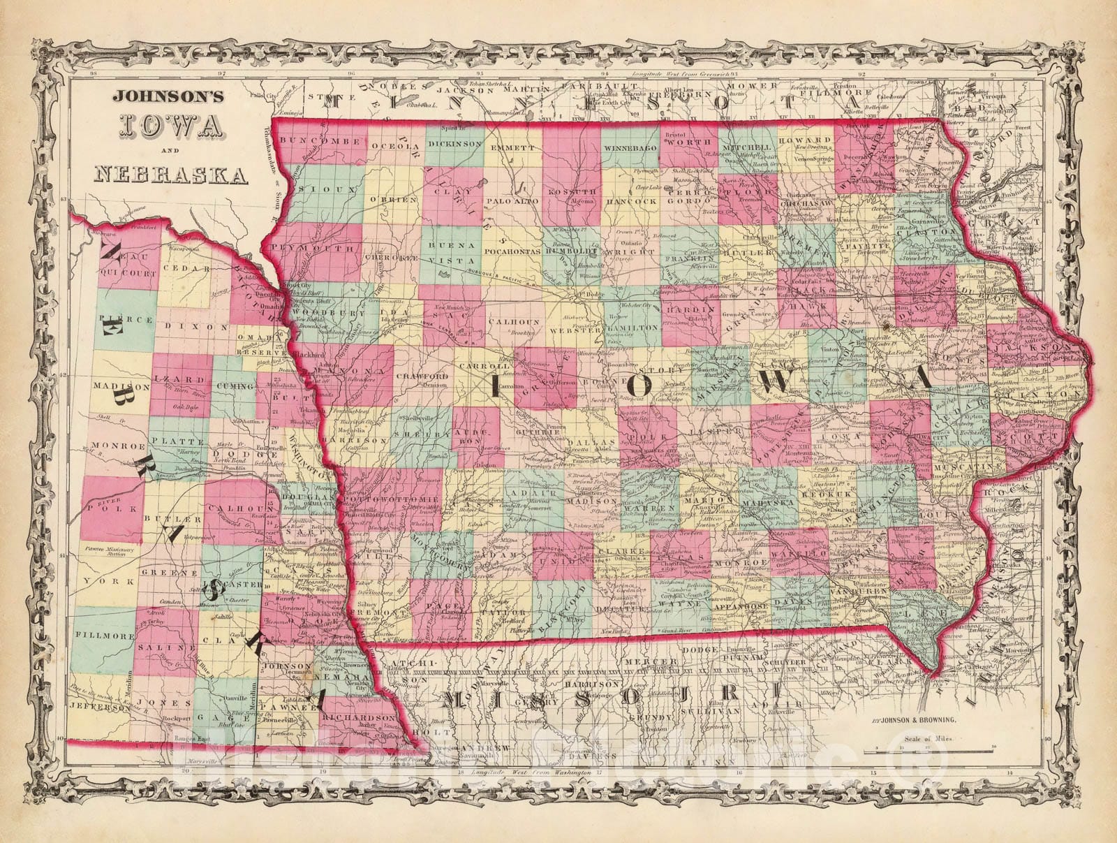 Historic Map : Johnson Map of Iowa and Nebraska, 1862, Vintage Wall Art