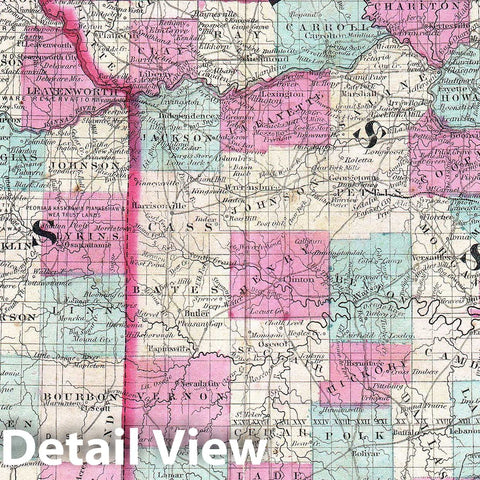 Historic Map : Johnson Map of Kansas and Missouri, 1862, Vintage Wall Art