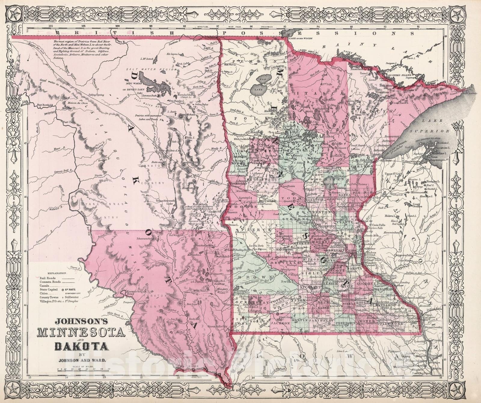 Historic Map : Johnson Map of Minnesota and Dakota, 1862, Vintage Wall Art