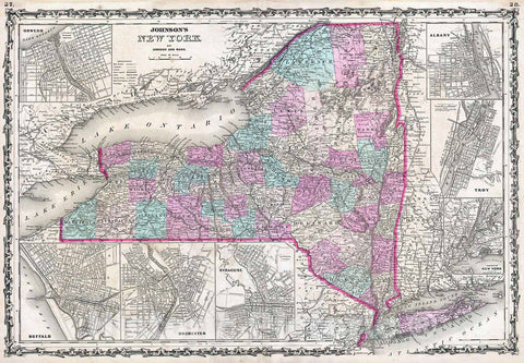 Historic Map : Johnson Map of New York State, 1862, Vintage Wall Art