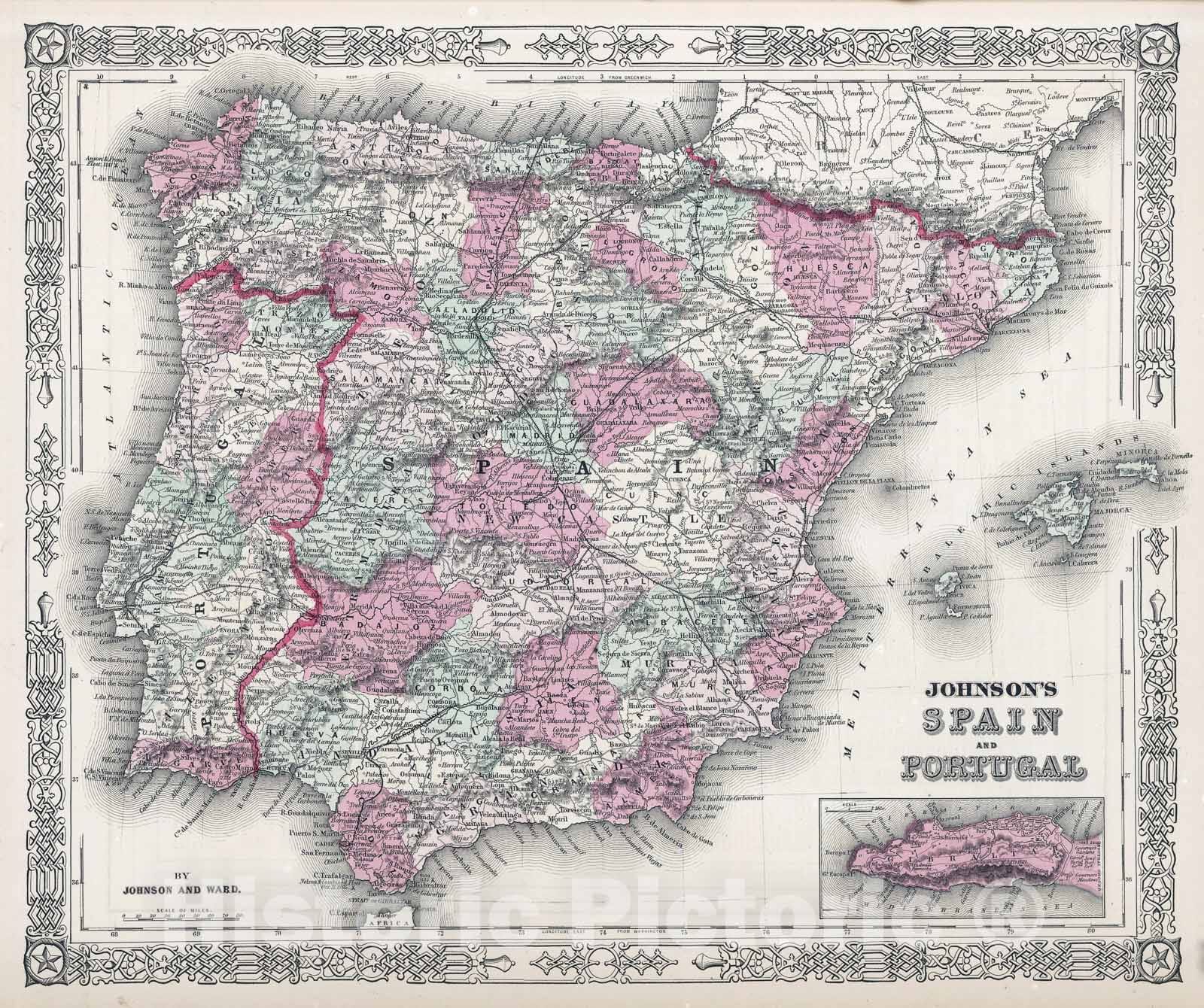 Historic Map : Johnson Map of Spain and Portugal , 1862, Vintage Wall Art