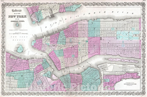 Historic Map : Colton Map of New York City (Manhattan, Hoboken, Brooklyn), 1863, Vintage Wall Art
