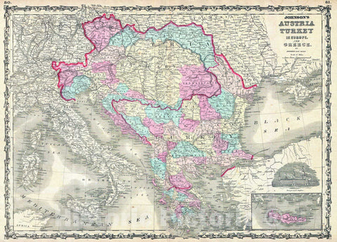 Historic Map : Johnson Map of Austria, Hungary, Turkey, Italy and Greece, 1863, Vintage Wall Art
