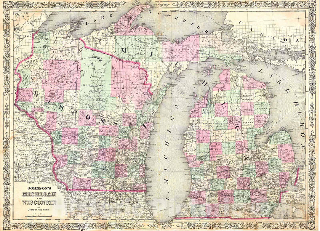 Historic Map : Johnson Map of Michigan and Wisconsin, Version 2, 1863, Vintage Wall Art