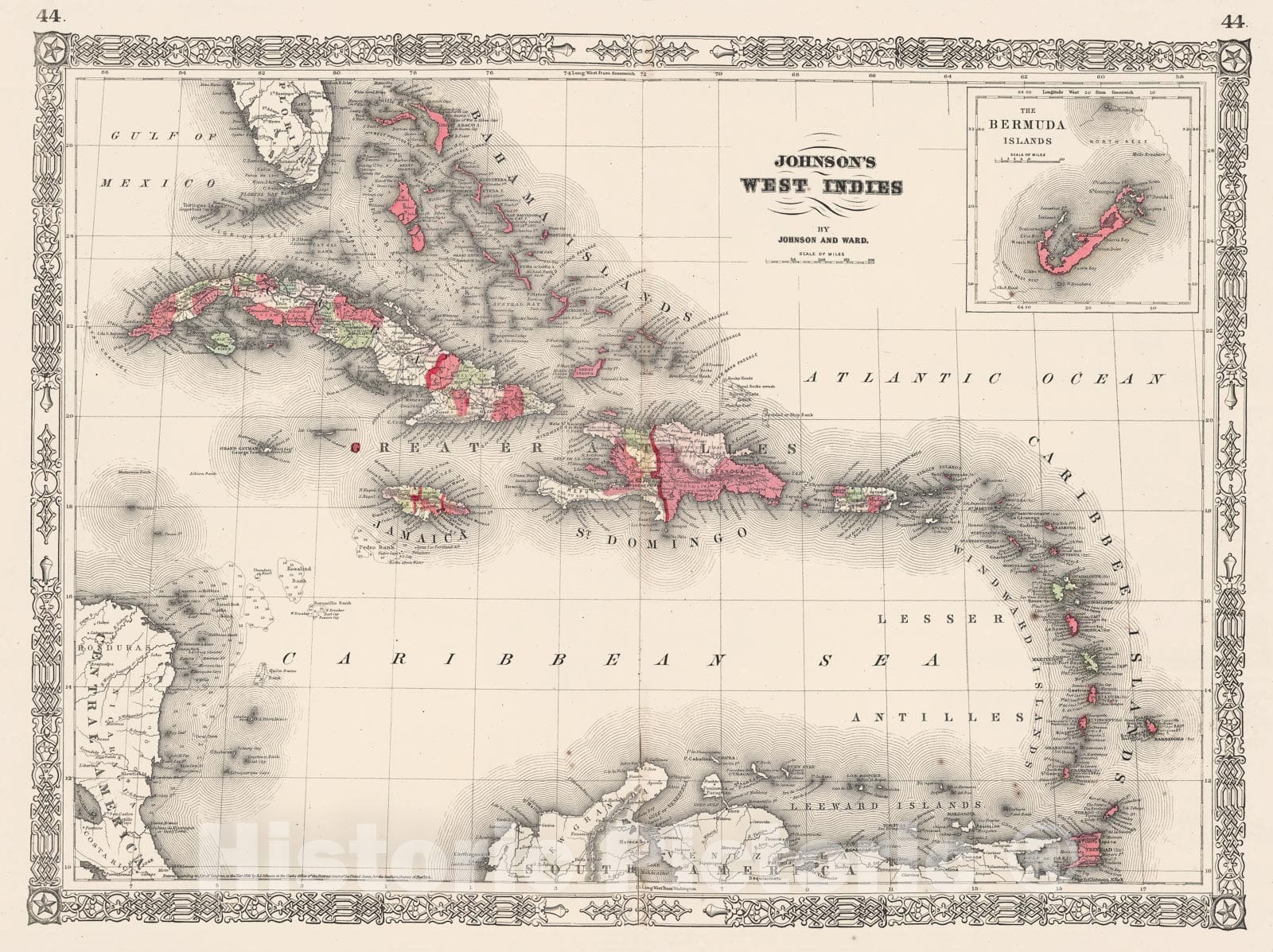 Historic Map : Johnson Map of The West Indies and Caribbean, 1864, Vintage Wall Art