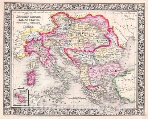 Historic Map : Mitchell Map of Italy, Greece and The Austrian Empire , 1864, Vintage Wall Art