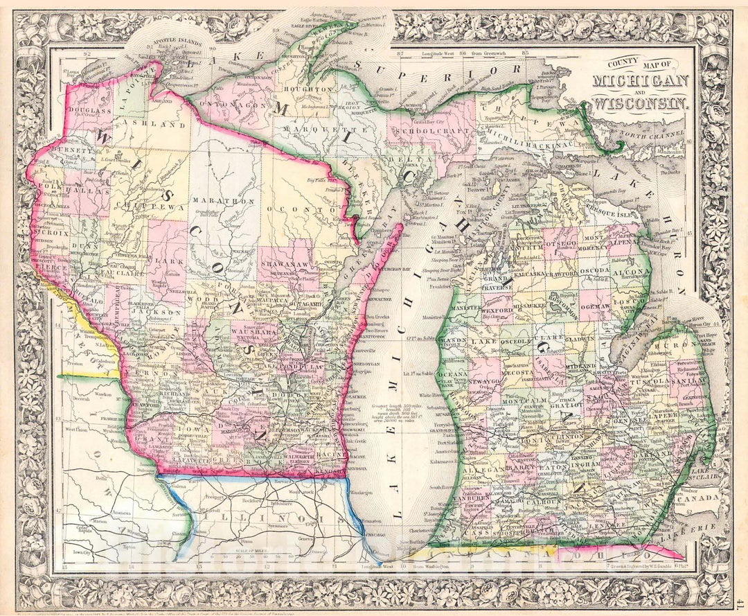 Historic Map : Mitchell Map of Michigan and Wisconsin , 1864, Vintage Wall Art
