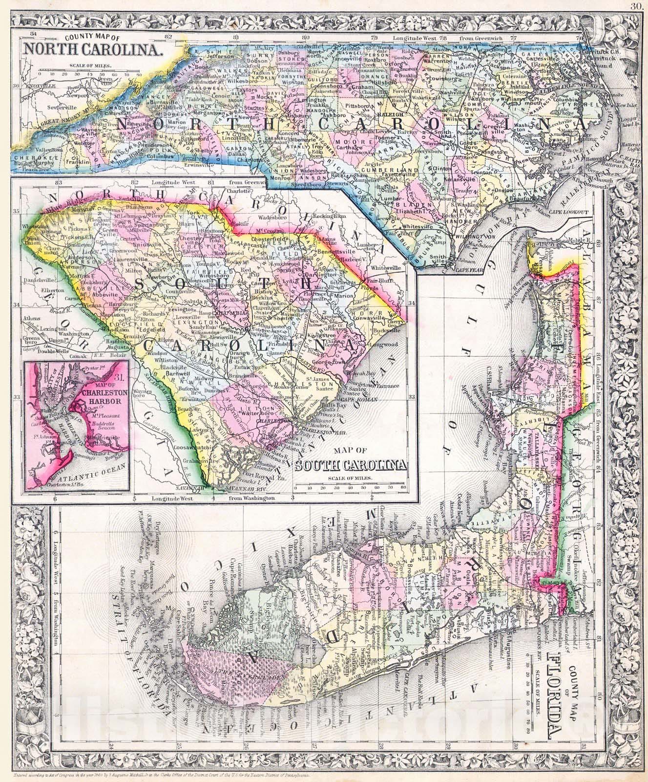 Historic Map : Mitchell Map of North Carolina, South Carolina and Flor ...