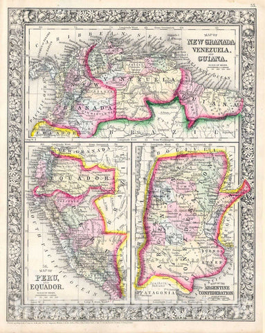 Historic Map : Mitchell Map of Peru, Equador (Ecuador), Argentina, Columbia and Venezuela, 1864, Vintage Wall Art
