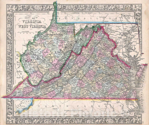 Historic Map : Mitchell Map of Virginia, West Virginia, and Maryland , 1864, Vintage Wall Art